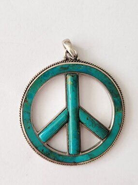 Turquoise Inlay Peace Sign Pendant Sterling Silver 925 Round 1.5 x 1.5